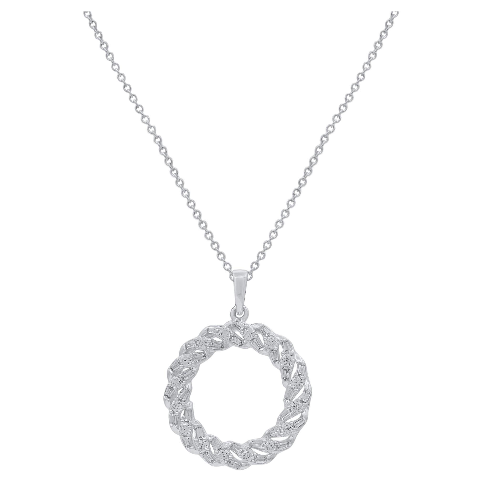 TJD 1/2 Ct Baguette & Round Natural Diamond Circle Necklace in 18KT White Gold For Sale