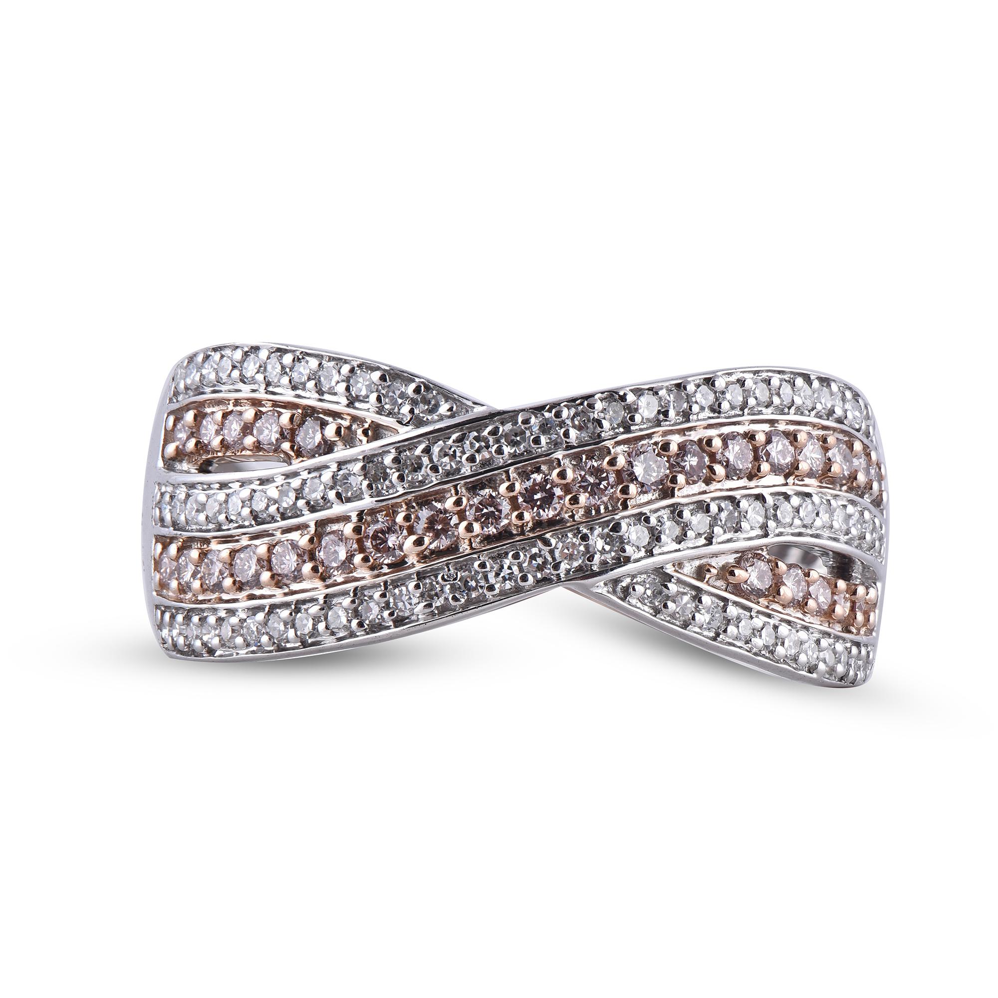 Round Cut TJD 1/2 Ct Nat. Pink Rosé & White Diamond 18K White Gold Crisscross Wedding Ring For Sale