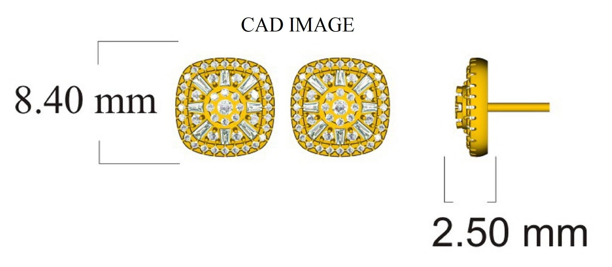Borchia a forma di cuscino in oro bianco 14 carati  Gli orecchini con 90 diamanti tondi taglio brillante e 16 diamanti taglio baguette senza tempo hanno 0,50 carati di diamanti tondi taglio brillante e baguette incastonati in micro pave, micro