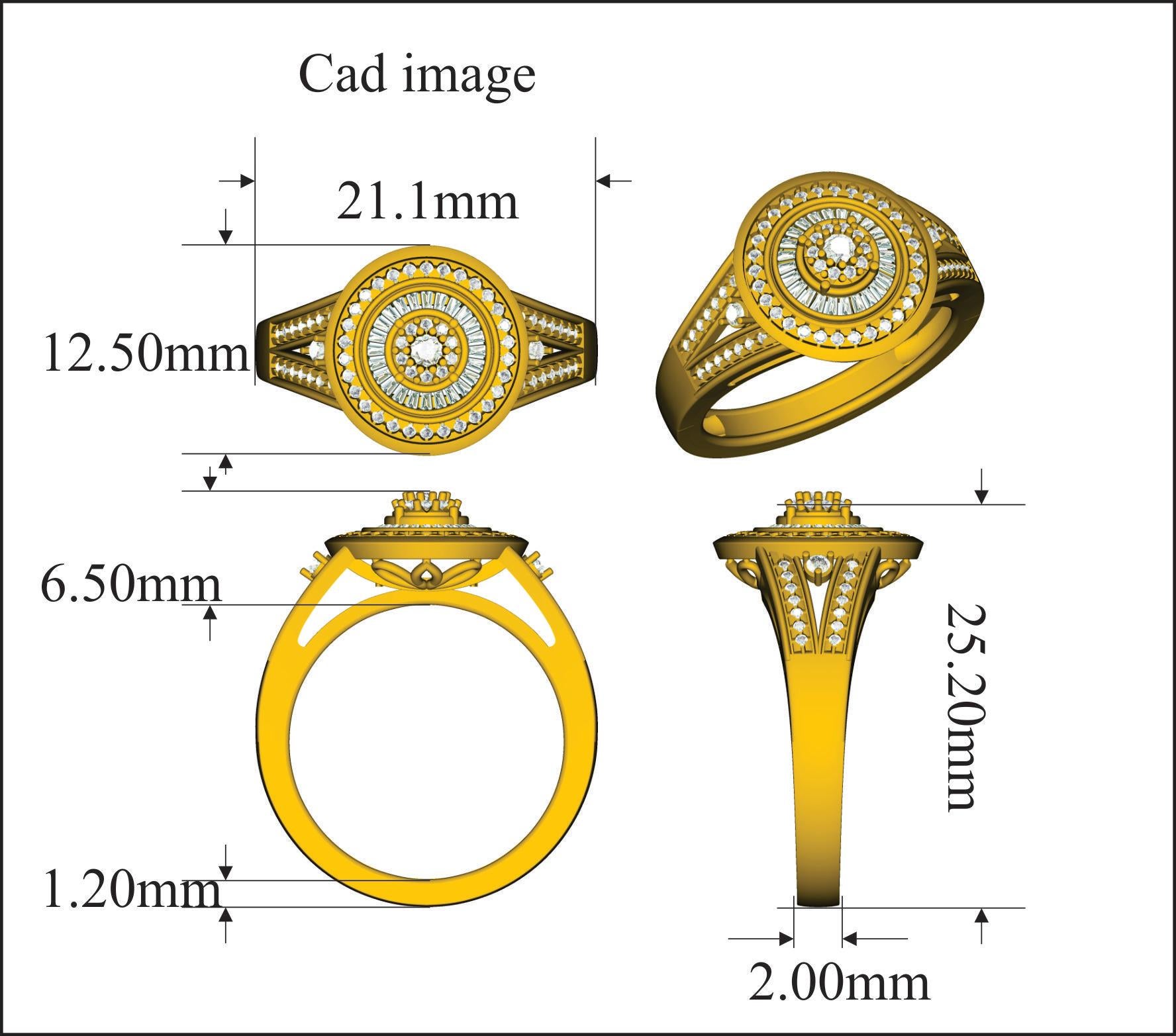 Stupiscila con la bellezza abbagliante di questo anello con montatura di diamanti a grappolo. Realizzato alla perfezione in oro giallo 14 carati e tempestato di 71 diamanti rotondi e 24 diamanti taglio baguette con incastonature a griffe, micro pave