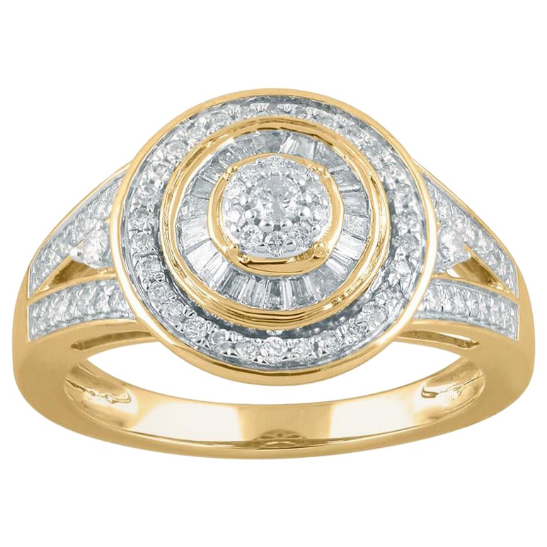TJD 1/2 CT Round/Baguette Diamond 14K Yellow Gold Double Frame Cluster Halo Ring