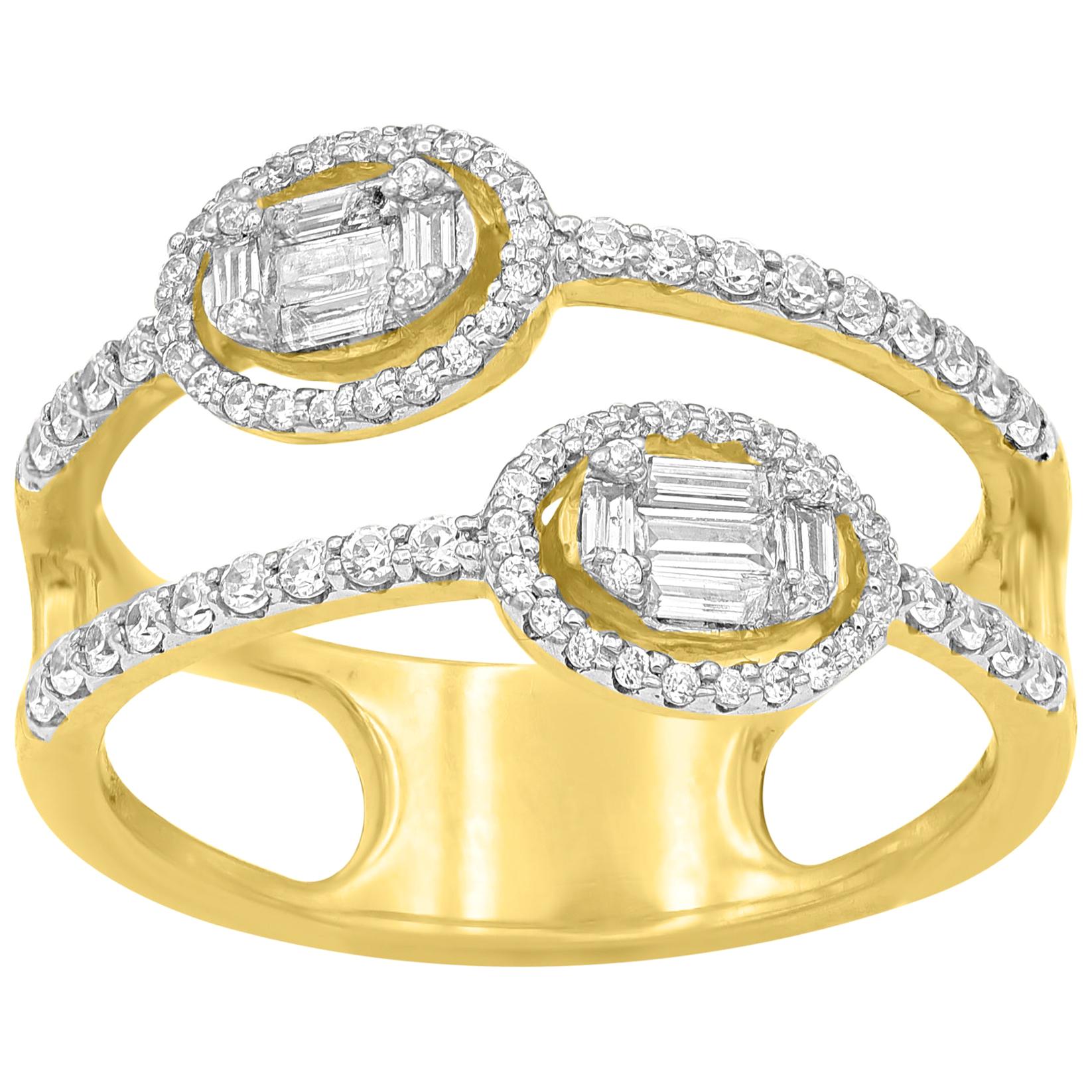 TJD 1/2 Karat Baguette und runder Diamant 14 Karat Gold geteilter Schaft Modeband im Angebot