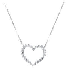 TJD 1/2Carat Baguette Diamond 14 Karat White Gold Heart Pendant with Chain
