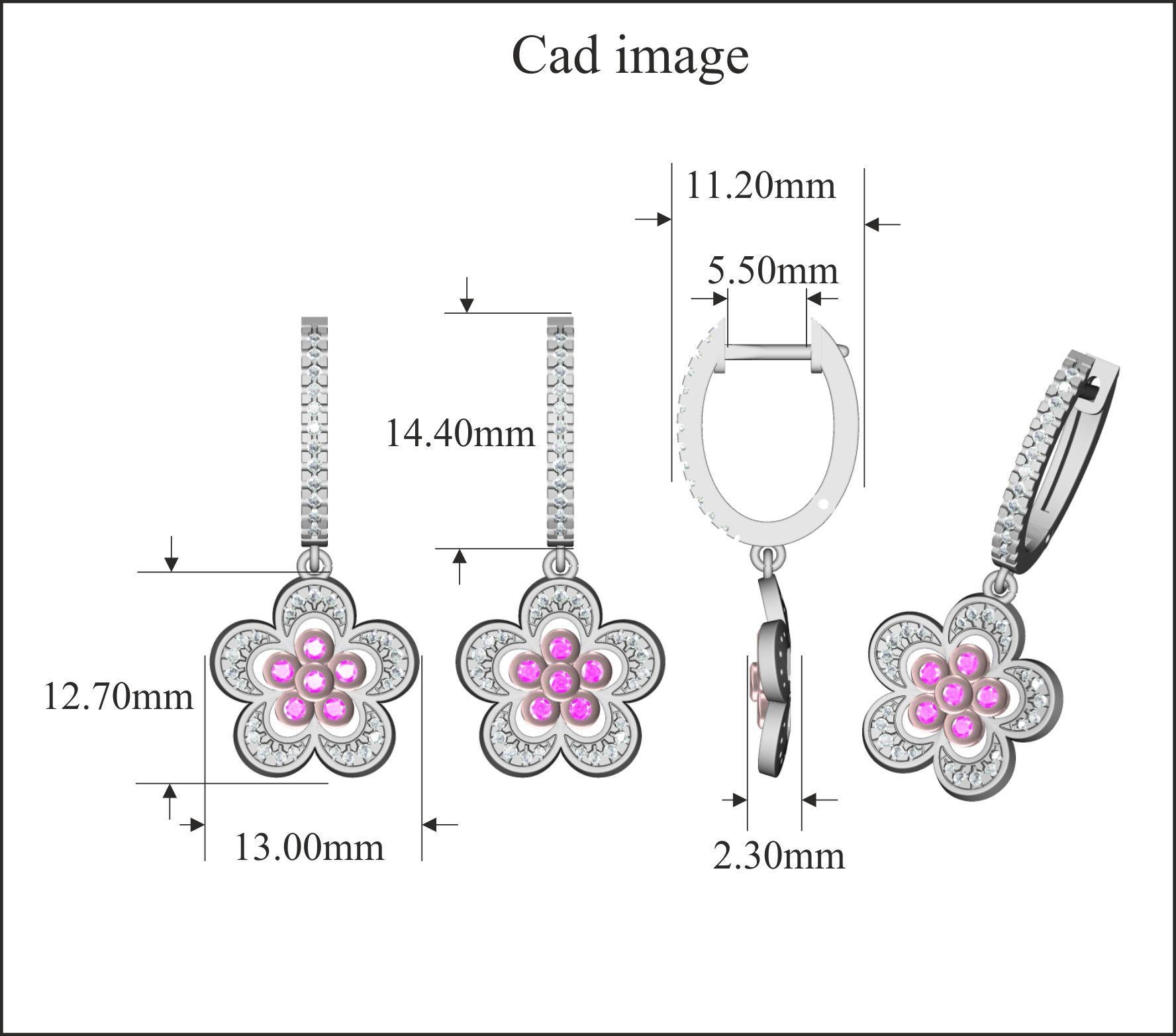 Questi squisiti orecchini a goccia floreali con diamanti offrono una bellezza pari solo a quella di lei. Questi orecchini presentano 74 diamanti bianchi e 12 diamanti rosa incastonati in castoni e pave. Questi orecchini a goccia floreali hanno una