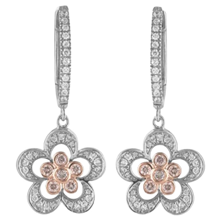TJD 1/2Carat Nat. Pink Rosé and White Diamond 18K White Gold Floral Drop Earring en venta