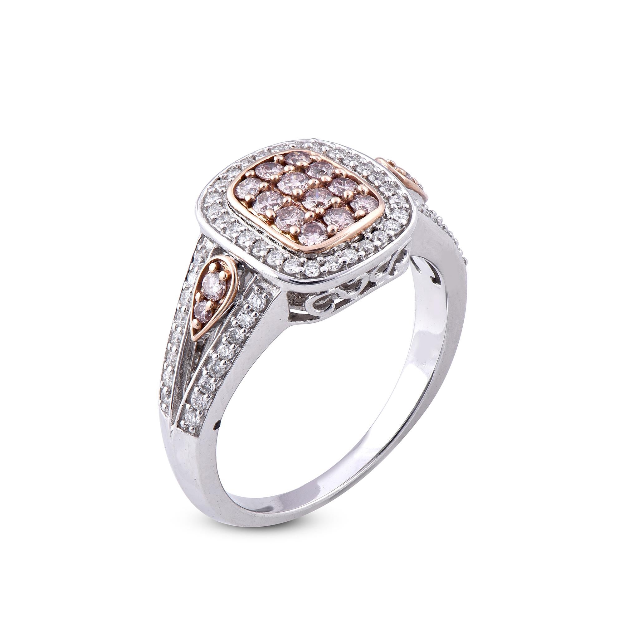 Exquisite 18K Two-Tone gold 0.50 carat diamonds cushion frame wedding ring. Expertly Crafted of sparkling 18 karat white and rose gold in high polish finish and set with 60 sparkling round white and 16 pink diamonds, this gorgeous wedding band