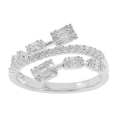 TJD 1/2Carat Round 
Baguette Diamond 14K White Gold By-Pass Crossover Ring