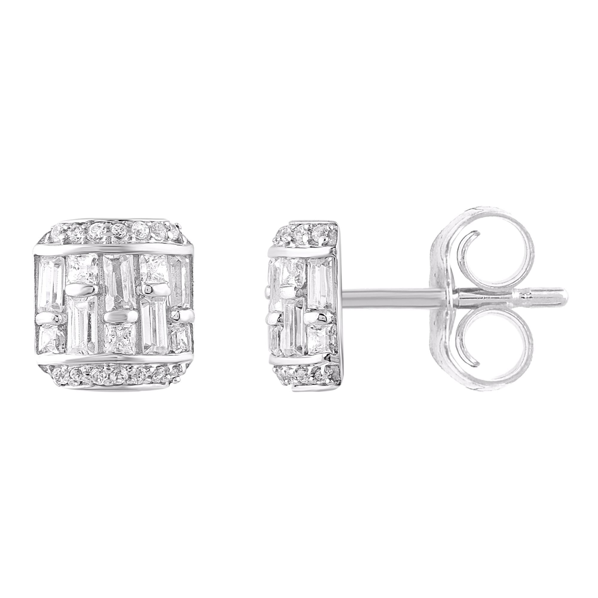 Expertly crafted in 14K solid white gold, cushion frame shaped earring is cleverly filled with 28 round-cut, 10 baguette-cut and 10 princess-cut diamond set in pave and channel setting, shines with H-I color I2 clarity. Captivating with 0.50 carats