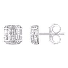 TJD 0.50 Ct Round & Baguette Diamond 14K White Gold Cushion Shape Stud Earrings