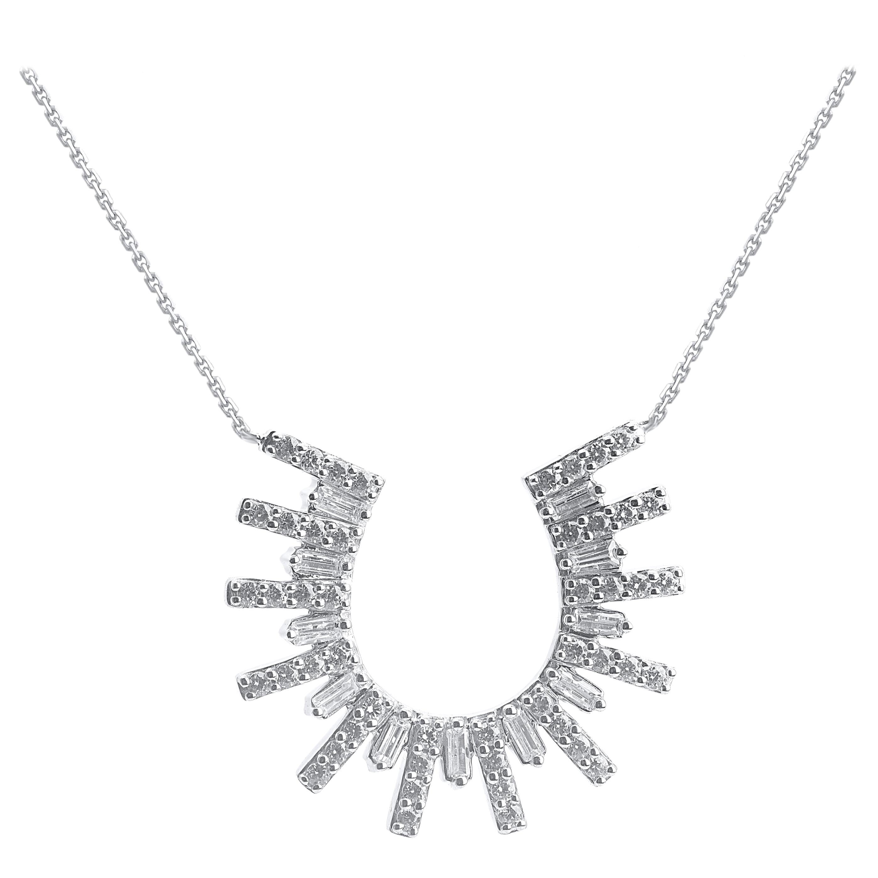 TJD Pendentif design en or blanc 14 carats avec chaîne et diamant rond et baguette de 1/2 carat