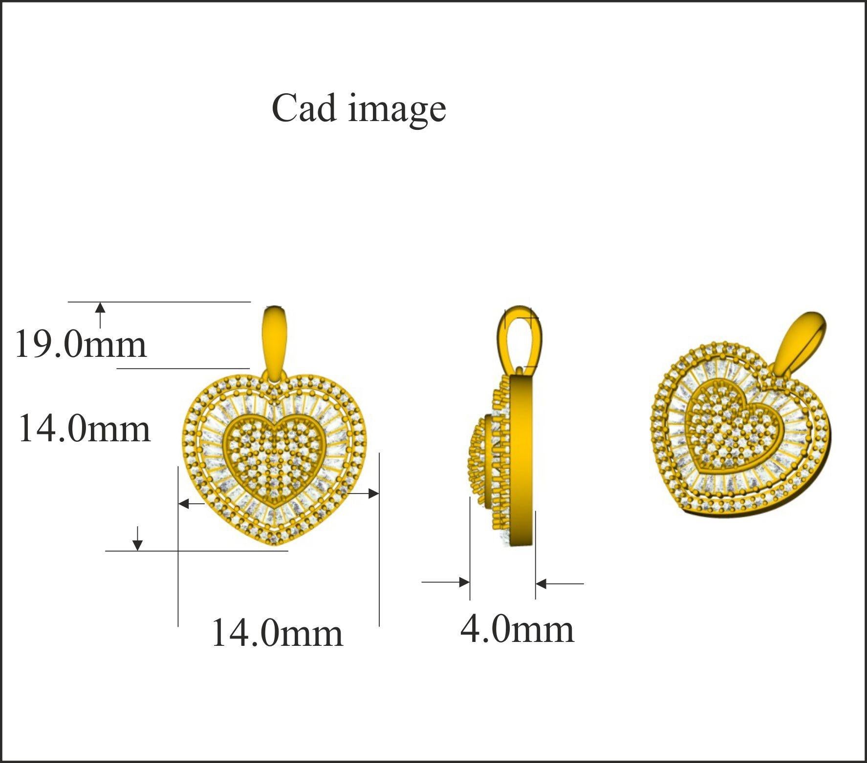 Enjoué et étincelant, ce pendentif en forme de cœur est un look qu'elle adorera porter. Le poids total du diamant est de 0,50 carat et il brille en couleur H-I, pureté I2. Elle est ornée de 92 diamants ronds et de 28 diamants baguettes sertis en