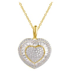 TJD 1/2Carat Round/Baguette Diamond 14K Yellow Gold Double Heart Diamond Pendant