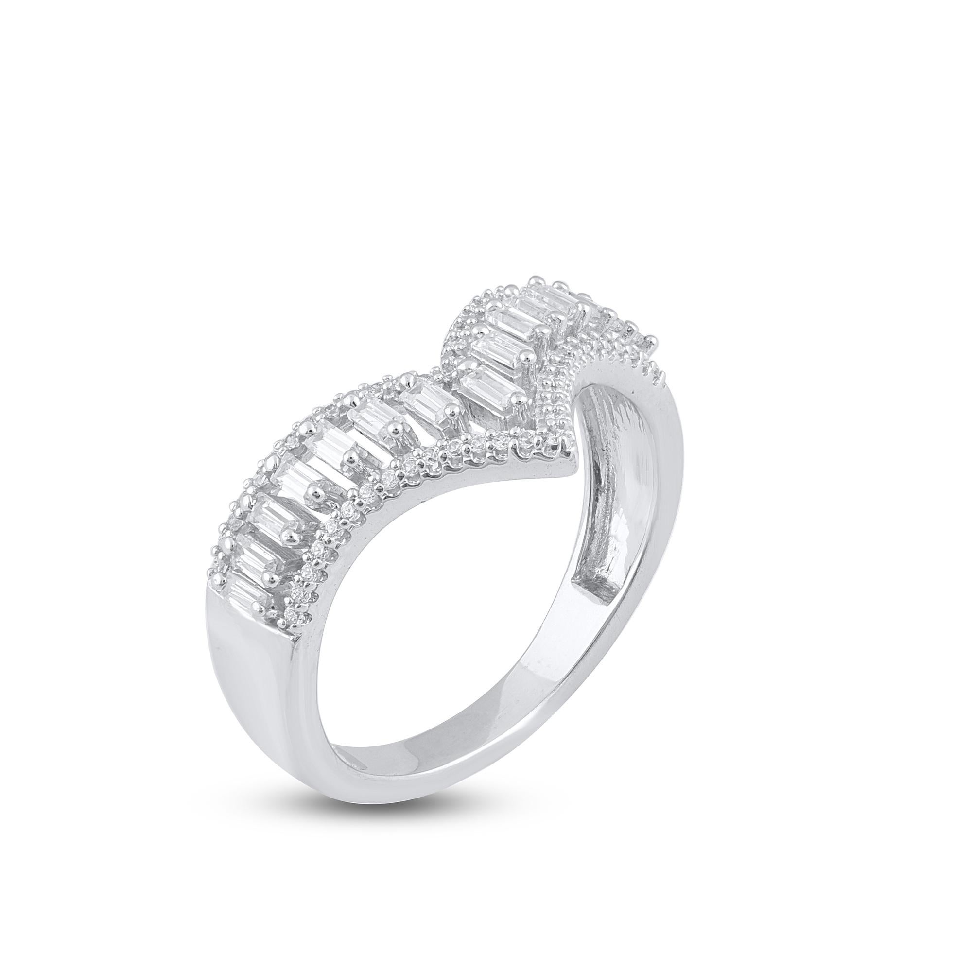 Make lifelong memory with this enticing curve design diamond wedding band ring. The ring is crafted from 14-karat gold in your choice of white, rose, or yellow, and features Round Brilliant 56 and Baguette - 15 white diamonds, Prong set, H-I color