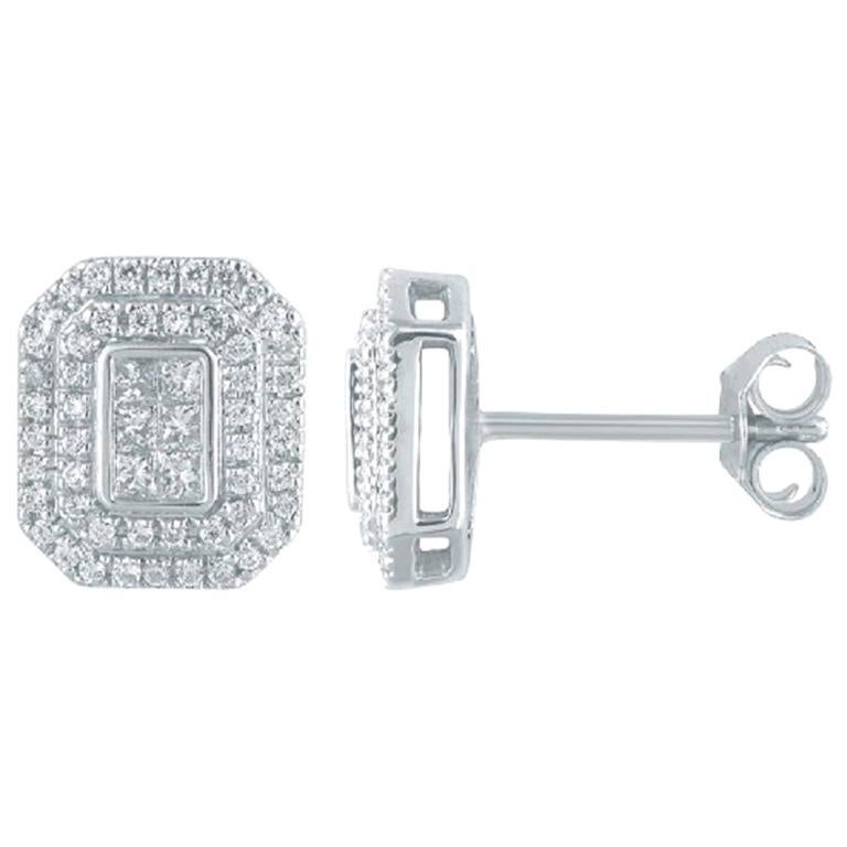 TJD 1/2Carat Round 
Princess cut Diamond 14K White Gold Rectangle Stud Earrings For Sale