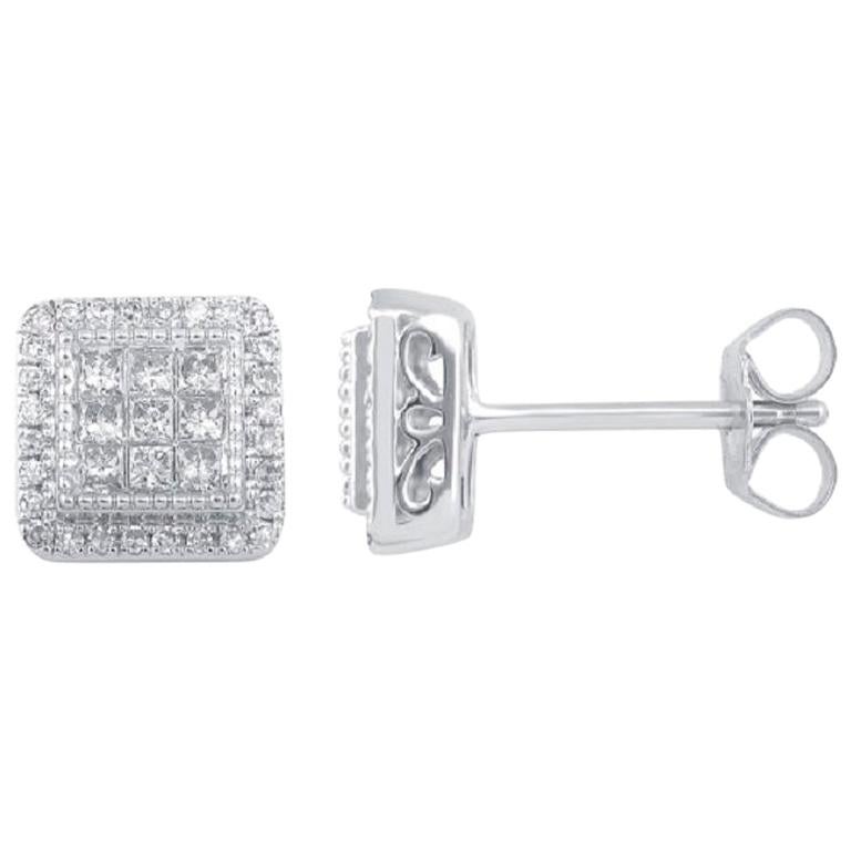 TJD 1/2Carat Round/Princess Cut Diamond 14K WhiteGold Square Frame Stud Earrings