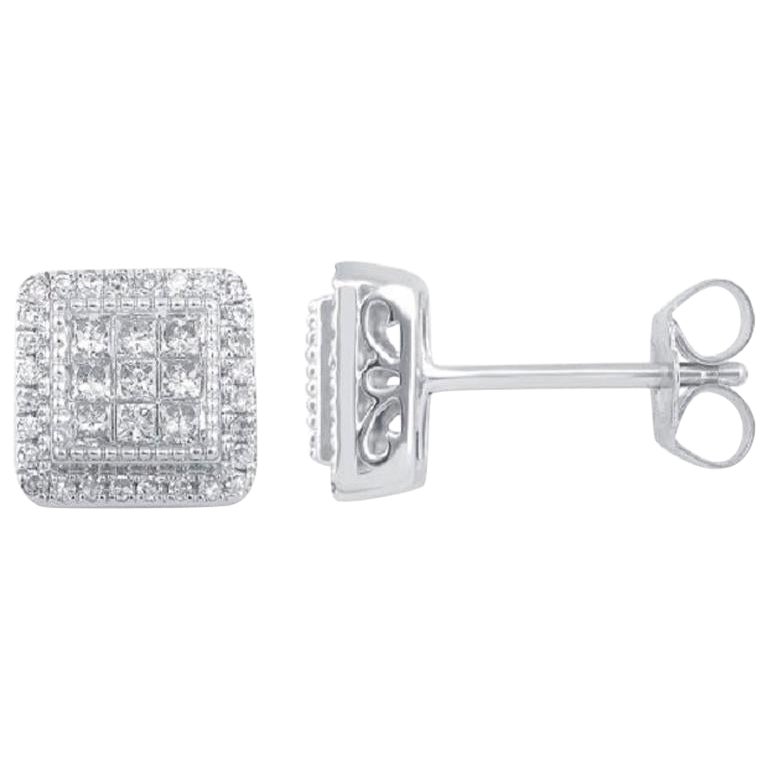 TJD 1/2Carat Round/Princess Cut Diamond 14K WhiteGold Square Frame Stud Earrings