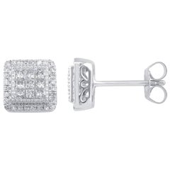 TJD 1/2Carat Round/Princess Cut Diamond 14K WhiteGold Square Frame Stud Earrings