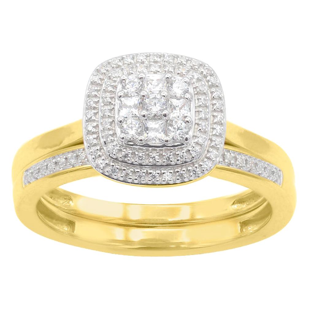 TJD 1/3 Carat Round Diamond 14KT Yellow Gold Designer Cluster Bridal Set Ring For Sale