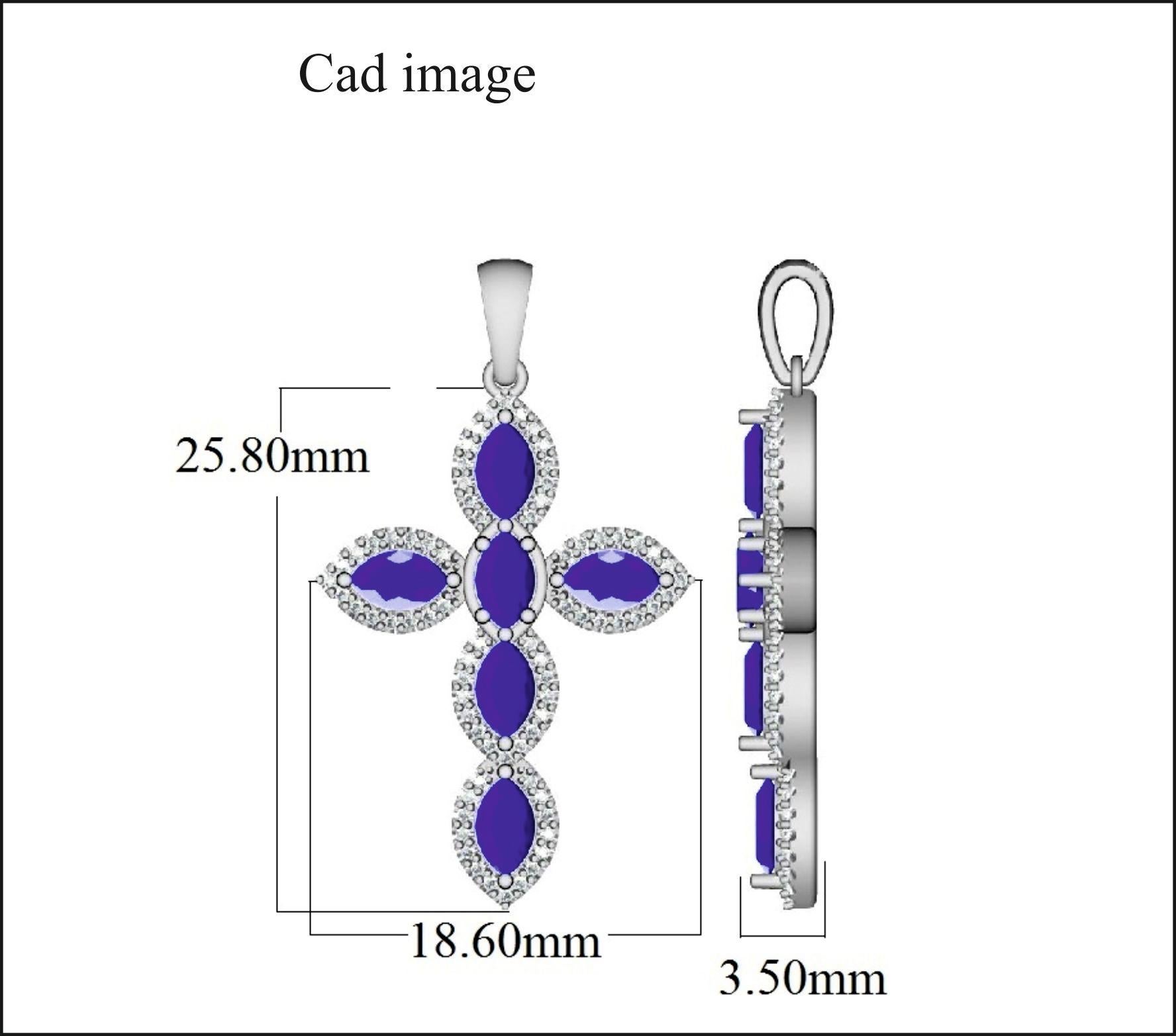 Un choix exquis, ce pendentif croix en diamant exprime magnifiquement votre foi. Le pendentif est en or blanc 14 carats de 0,25 carat et présente 75 diamants ronds de taille brillant et 6 saphirs bleus naturels en serti clos. Une finition très polie