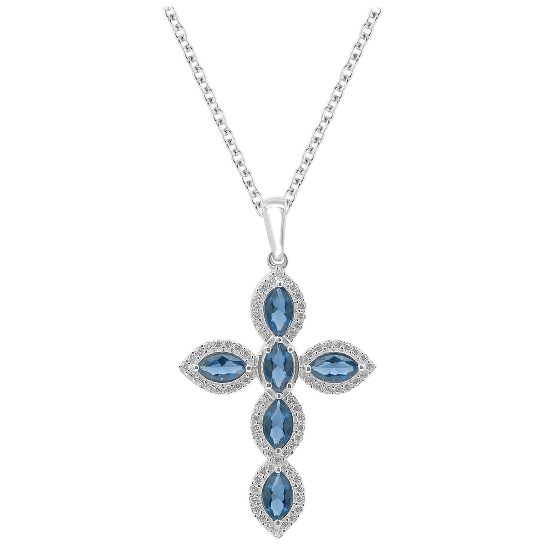 TJD 1/4 Carat Diamond 
Natural Blue Sapphire 14 Karat White Gold Cross Pendant For Sale