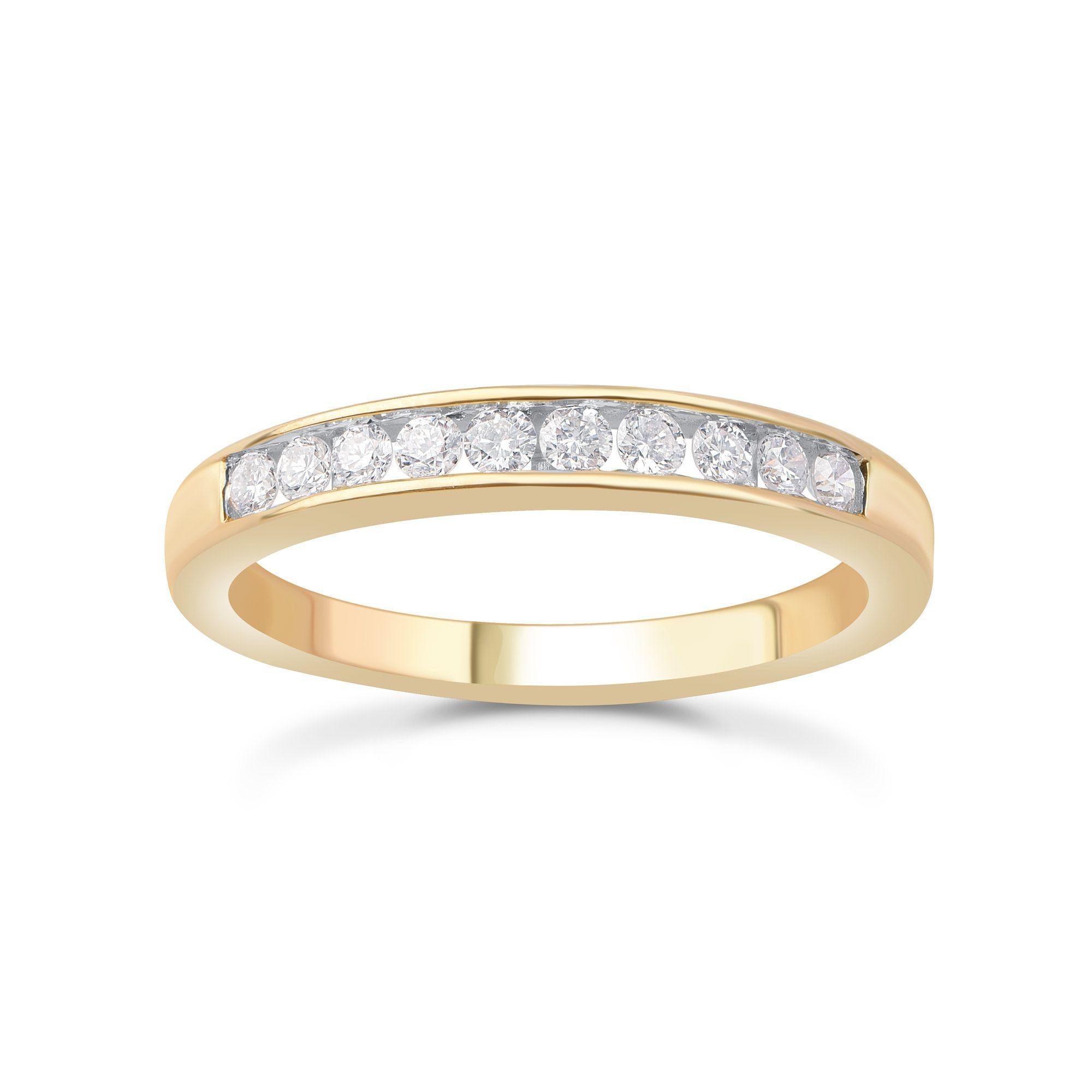 This simple and sleek bridal ring studded with diamonds is a great accompaniment with your everyday attire. Made in 10 kt yellow gold and 10 round-cut diamonds in channel setting. Diamond details - G-H Color, I1-I2 Clarity. 
