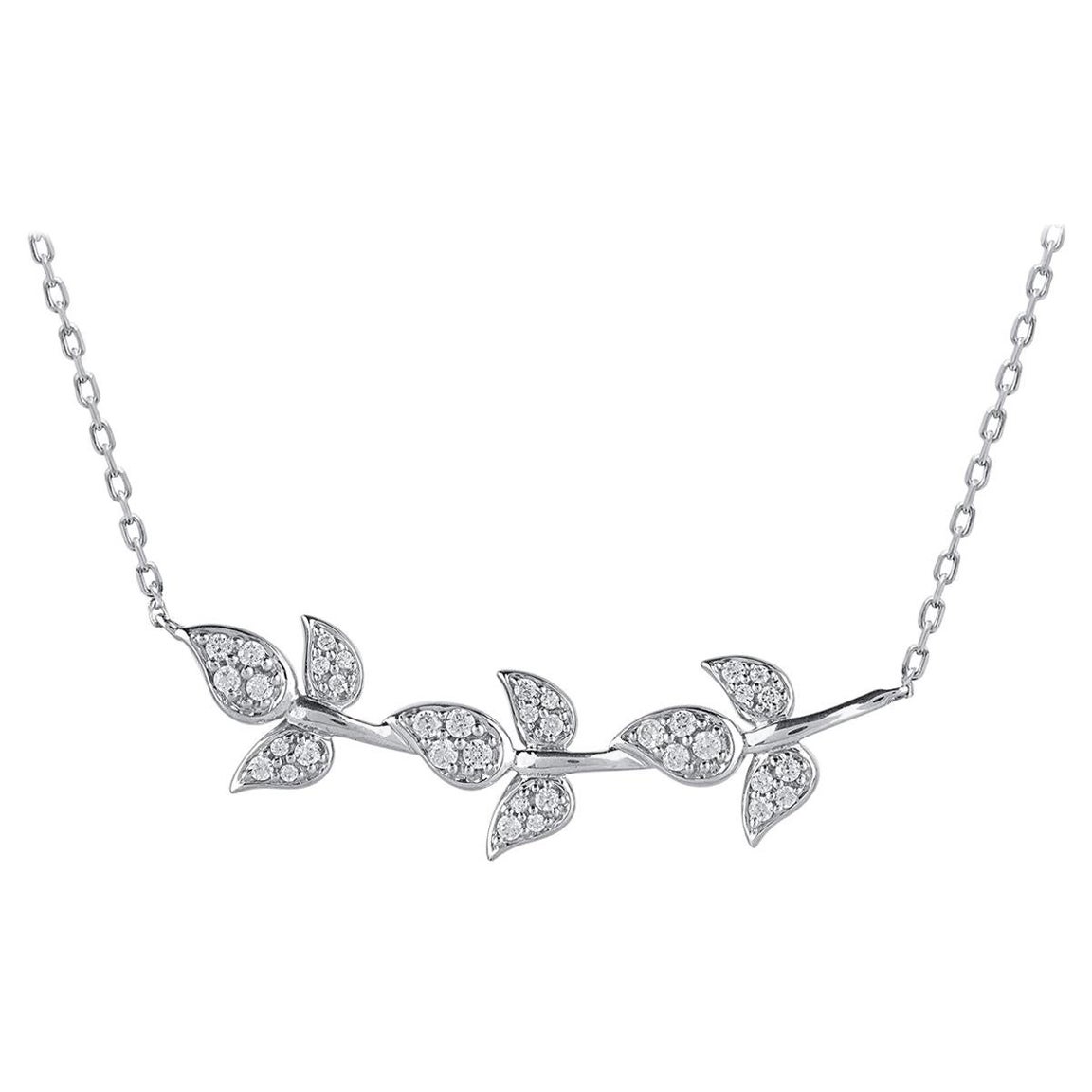 TJD 1/4 Carat Round Diamond 14Karat White Gold Leaf Branch Bar Designer Necklace
