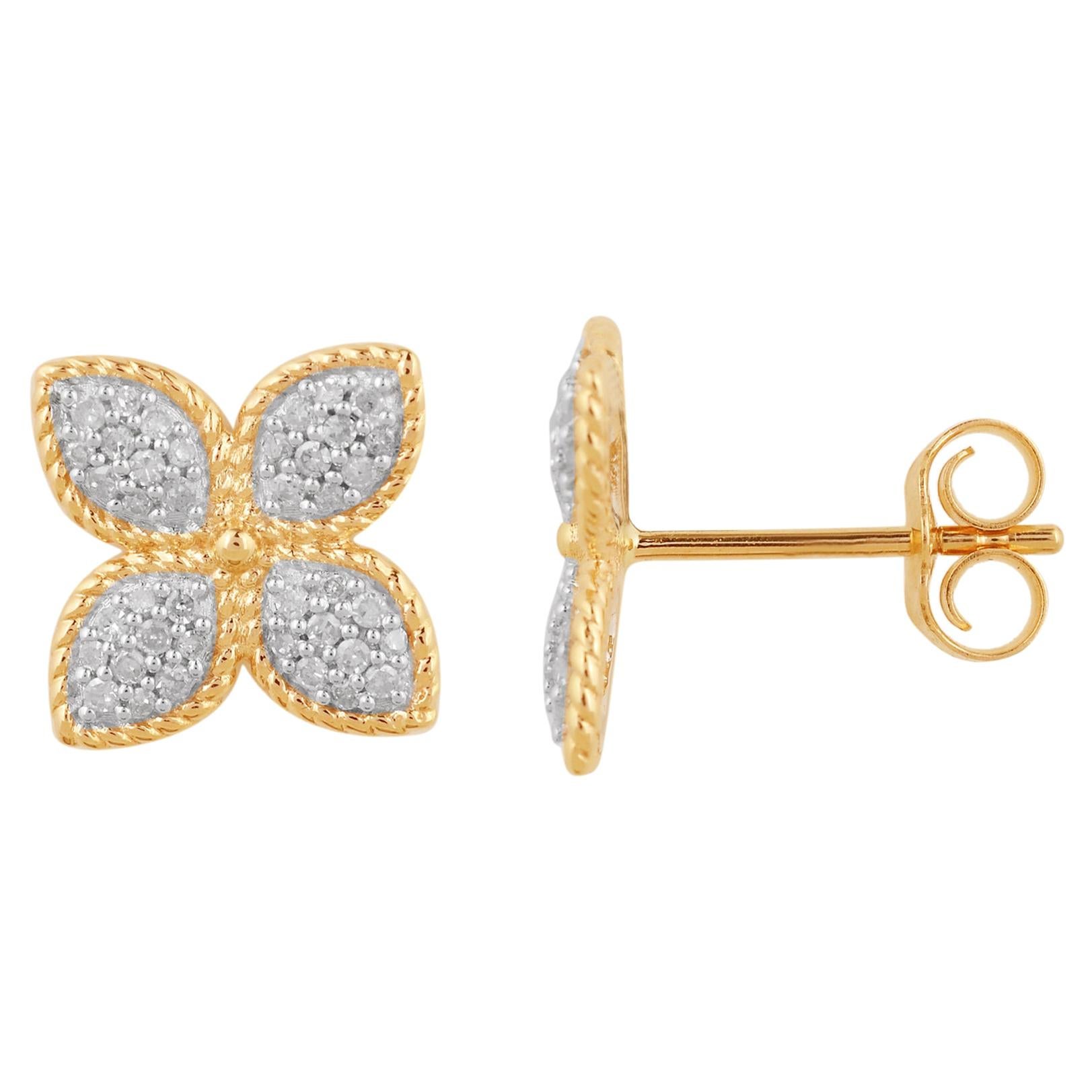 TJD 1/4Carat Round Diamond 14K Yellow Gold Beaded Edge 4Leaf Clover Stud Earring For Sale