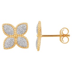 TJD Clous d'oreilles trèfle à 4 feuilles en or jaune 14 carats avec perles et diamants ronds de 1/4 carat