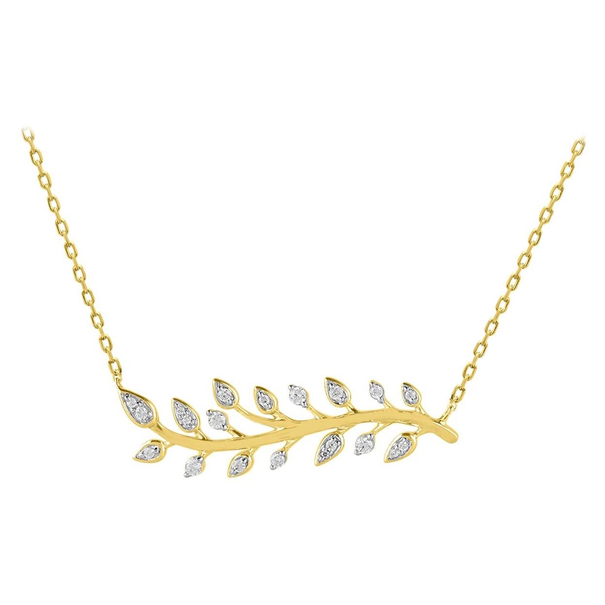TJD 1/5 Carat Round Diamond 14K Yellow Gold Stationed Bar Leaf Designer Necklace For Sale