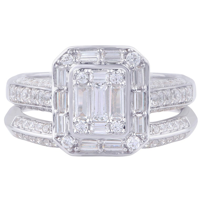TJD 1 Carat Round and Baguette Composite Diamond 18 K White Gold