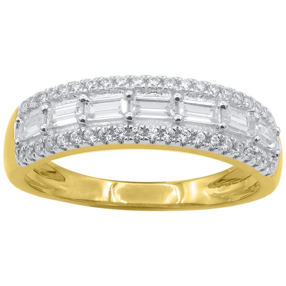 TJD 1.00 Carat Baguette and Round Diamond 14Kt Gold Triple Row Wedding Band Ring For Sale