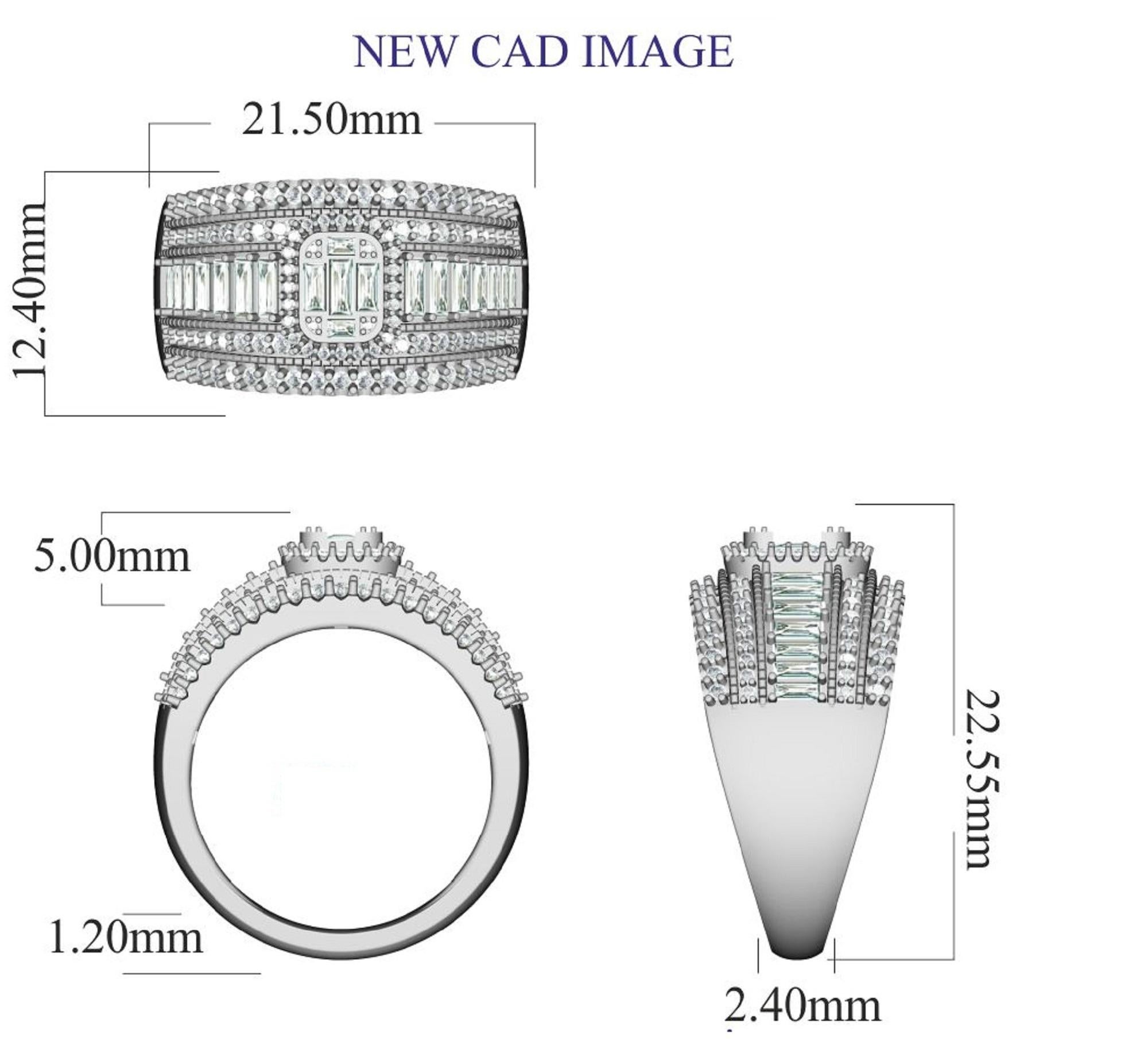Questa fede nuziale con diamanti a grappolo a più file è impreziosita da 102 diamanti brillanti rotondi e 19 diamanti con taglio a baguette splendidamente incastonati in pave e in prong impilabili. Il peso totale del diamante è di 1,00 carati e il