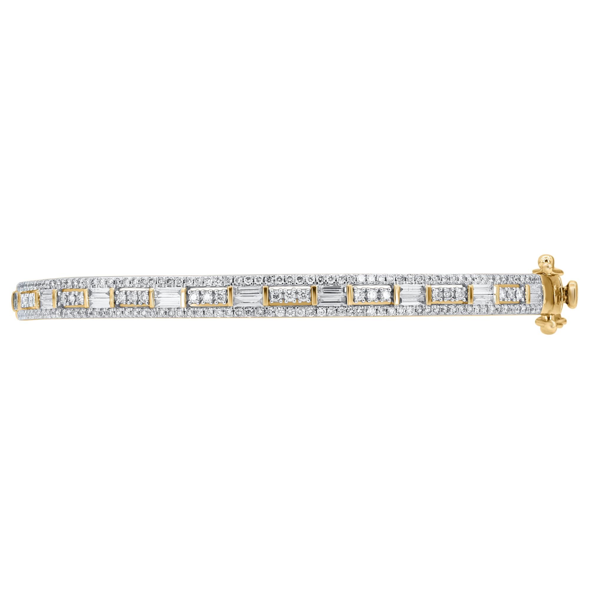 Add a touch of sparkle to any look with this sleek diamond bangle bracelet. This Shimmering bangle features 180 natural Brilliant Cut, Single Cut & Baguette diamonds set in prong and Channel setting and crafted in 14kt yellow gold. Diamonds are