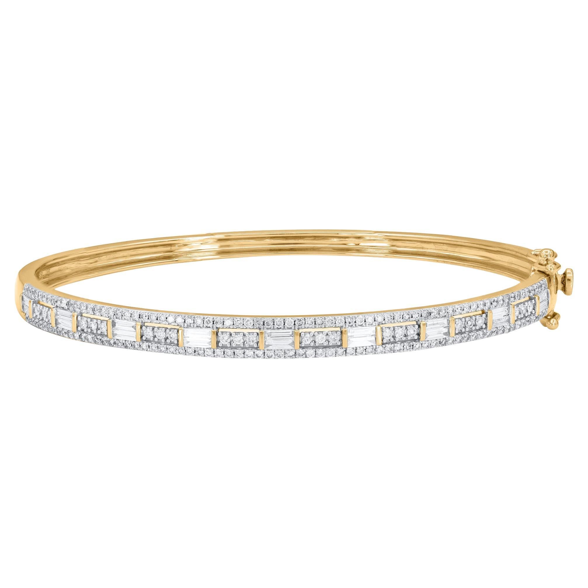 TJD 1 Carat Brilliant Cut & Baguette Diamond Bangle Bracelet 14 KT Yellow Gold For Sale