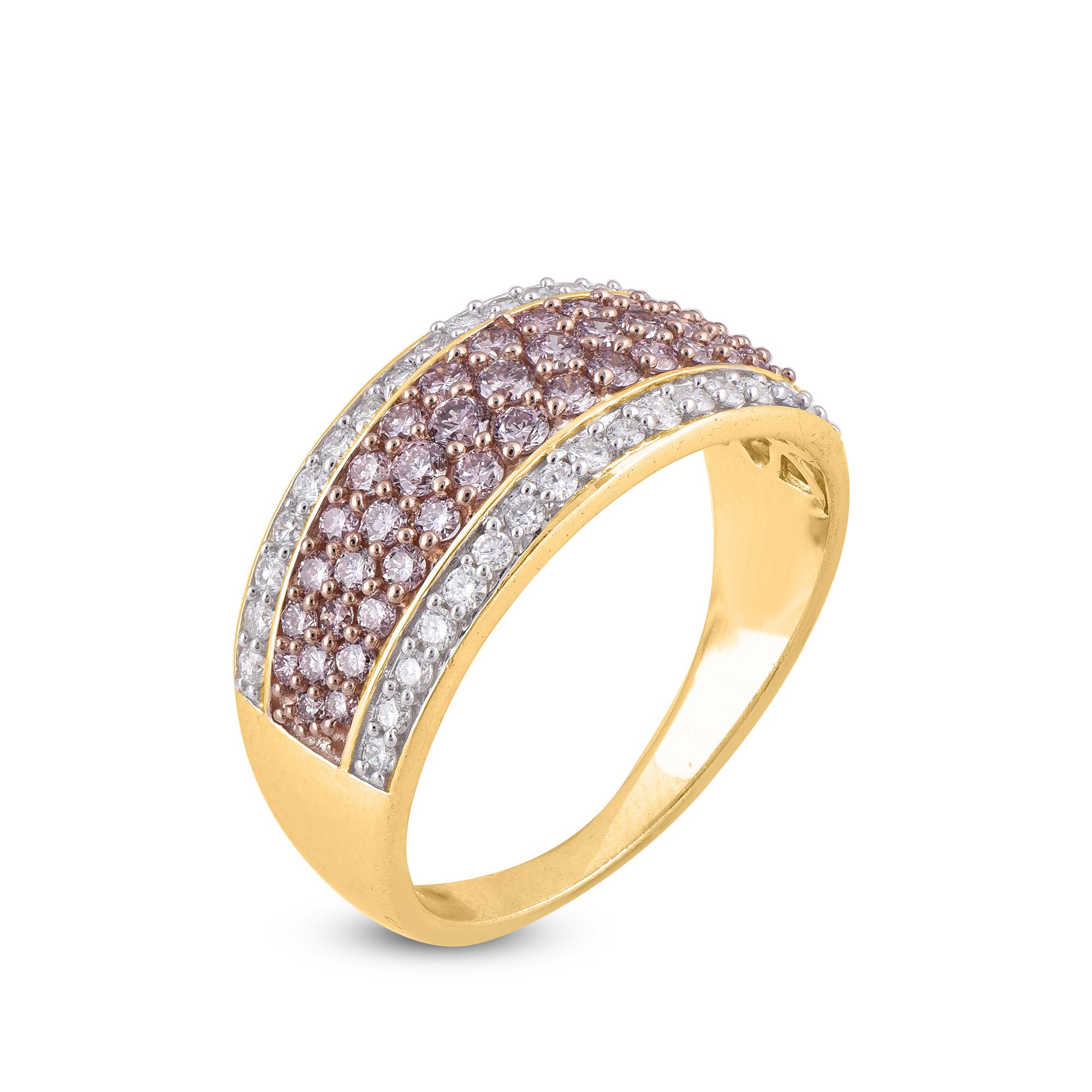Exquisite 18K yellow gold wedding band jeweled with 34 round and 43 pink diamonds. This ring is superbly detailed to perfection and set with 1.00 carat of sparkling brilliant cut round diamonds in secured prong setting. The diamonds are natural,