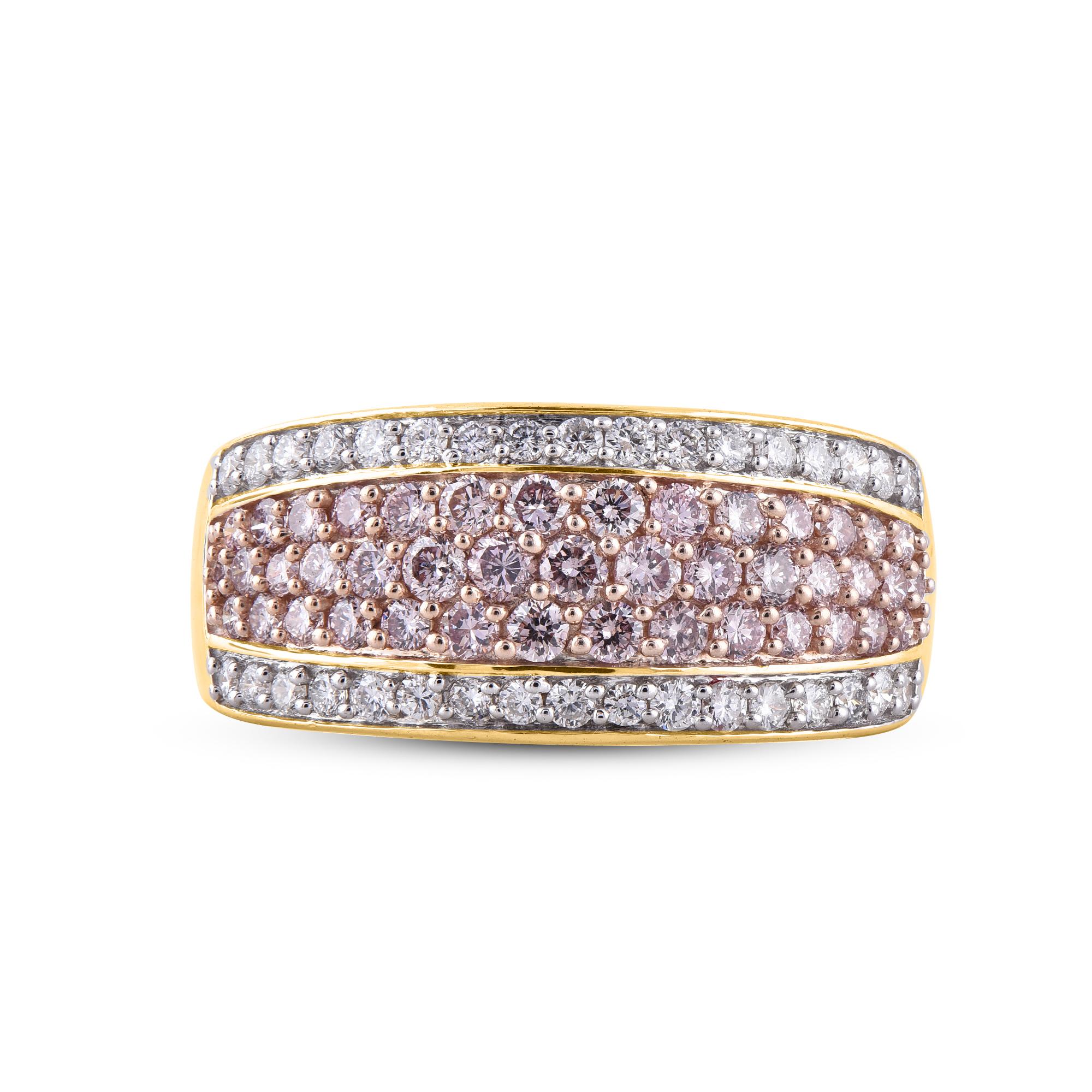 Round Cut TJD 1 Carat Nat. Pink Rosé/White Diamond 18Kt Yellow Gold Multi Row Wedding Band For Sale