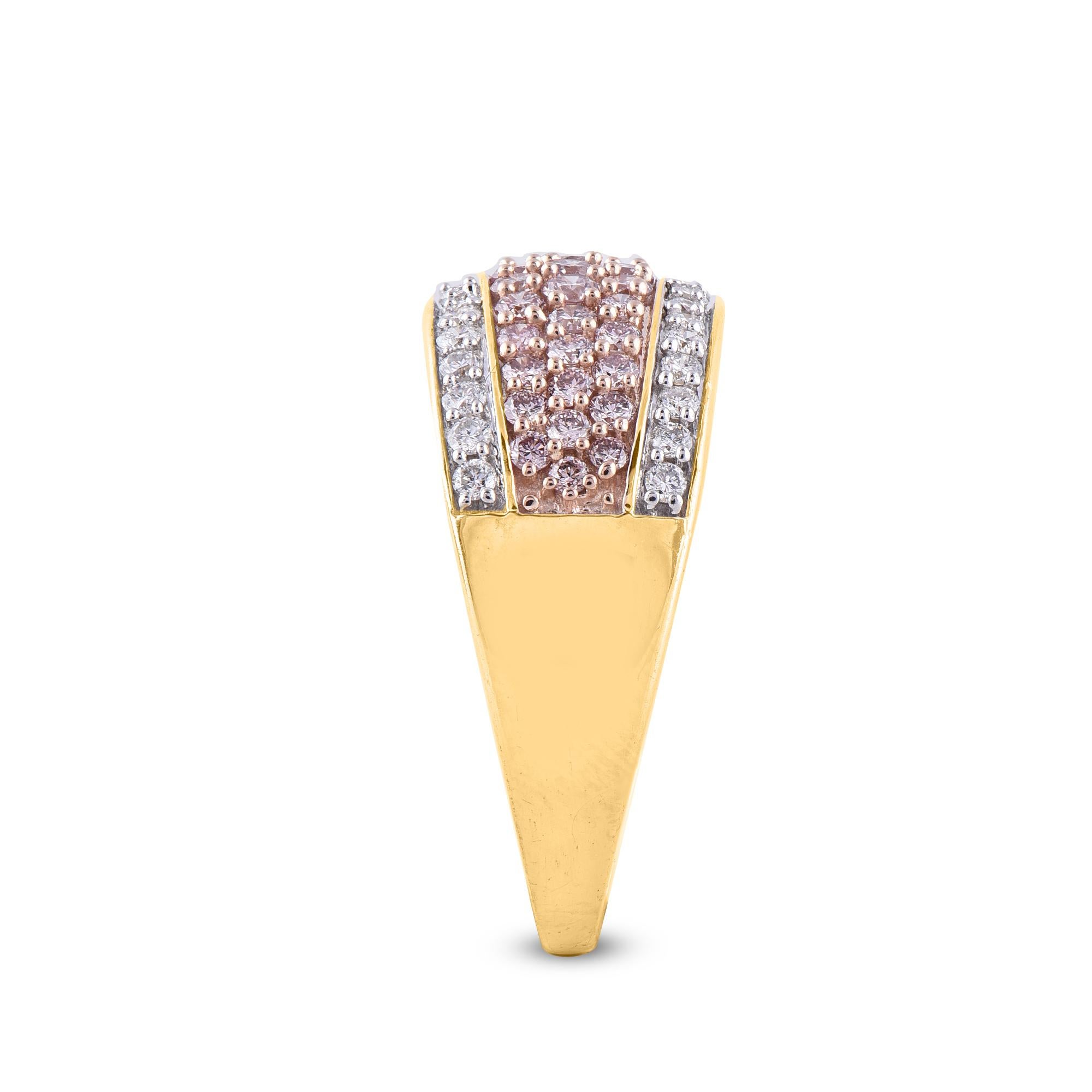 TJD 1 Carat Nat. Pink Rosé/White Diamond 18Kt Yellow Gold Multi Row Wedding Band In New Condition For Sale In New York, NY