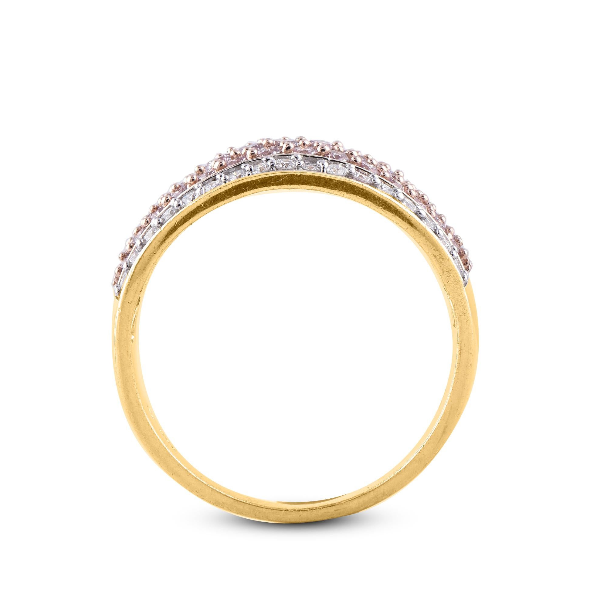 Women's TJD 1 Carat Nat. Pink Rosé/White Diamond 18Kt Yellow Gold Multi Row Wedding Band For Sale