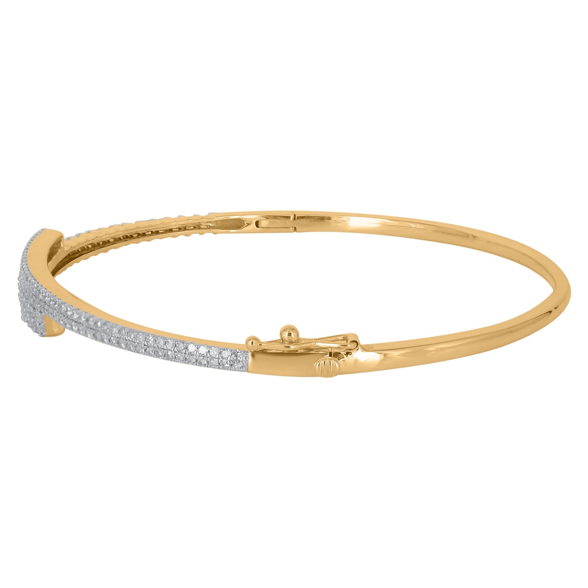Add a sweet touch to all your favorite looks with this subtle diamond bangle bracelet. This Shimmering bangle bracelet features 142 natural single cut, brilliant cut & baguette diamonds in prong setting and crafted in 14kt yellow gold. Diamonds are