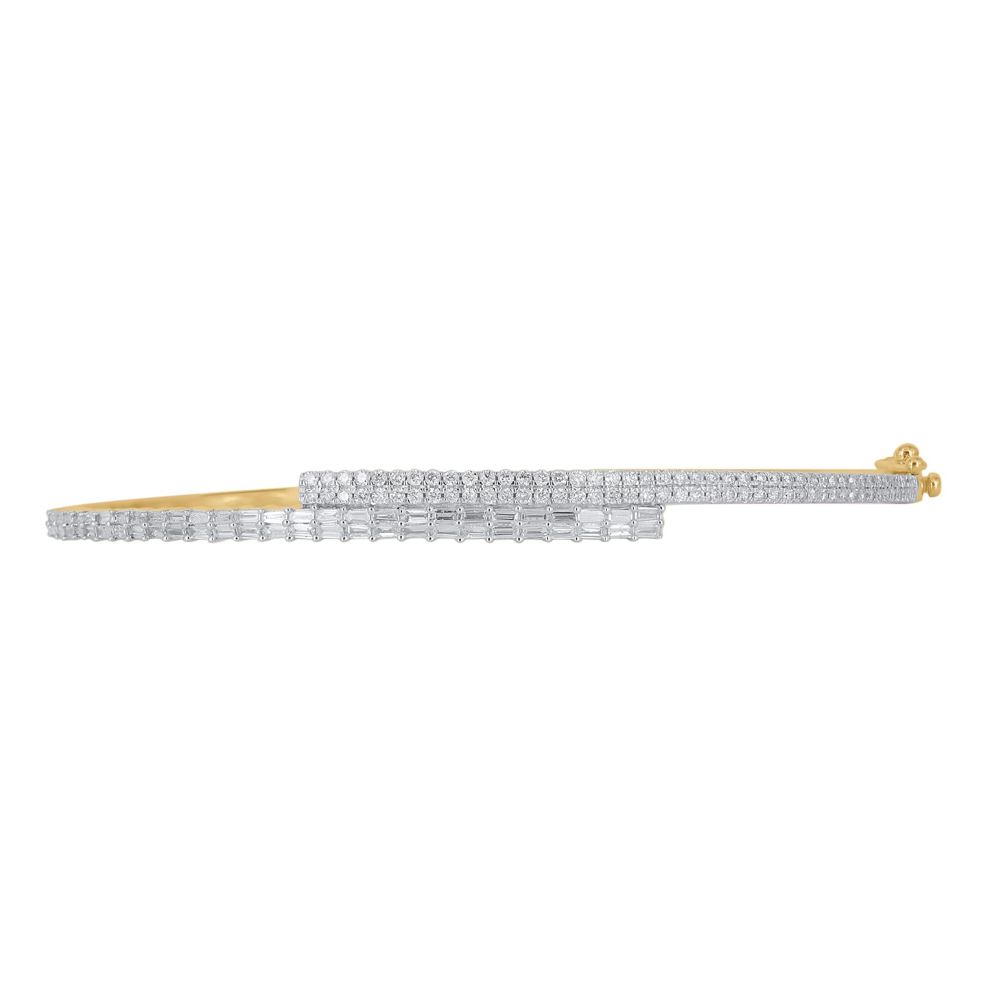 Contemporary TJD 1 Carat Natural Round & Baguette Diamond Bangle Bracelet in 14KT Yellow Gold For Sale