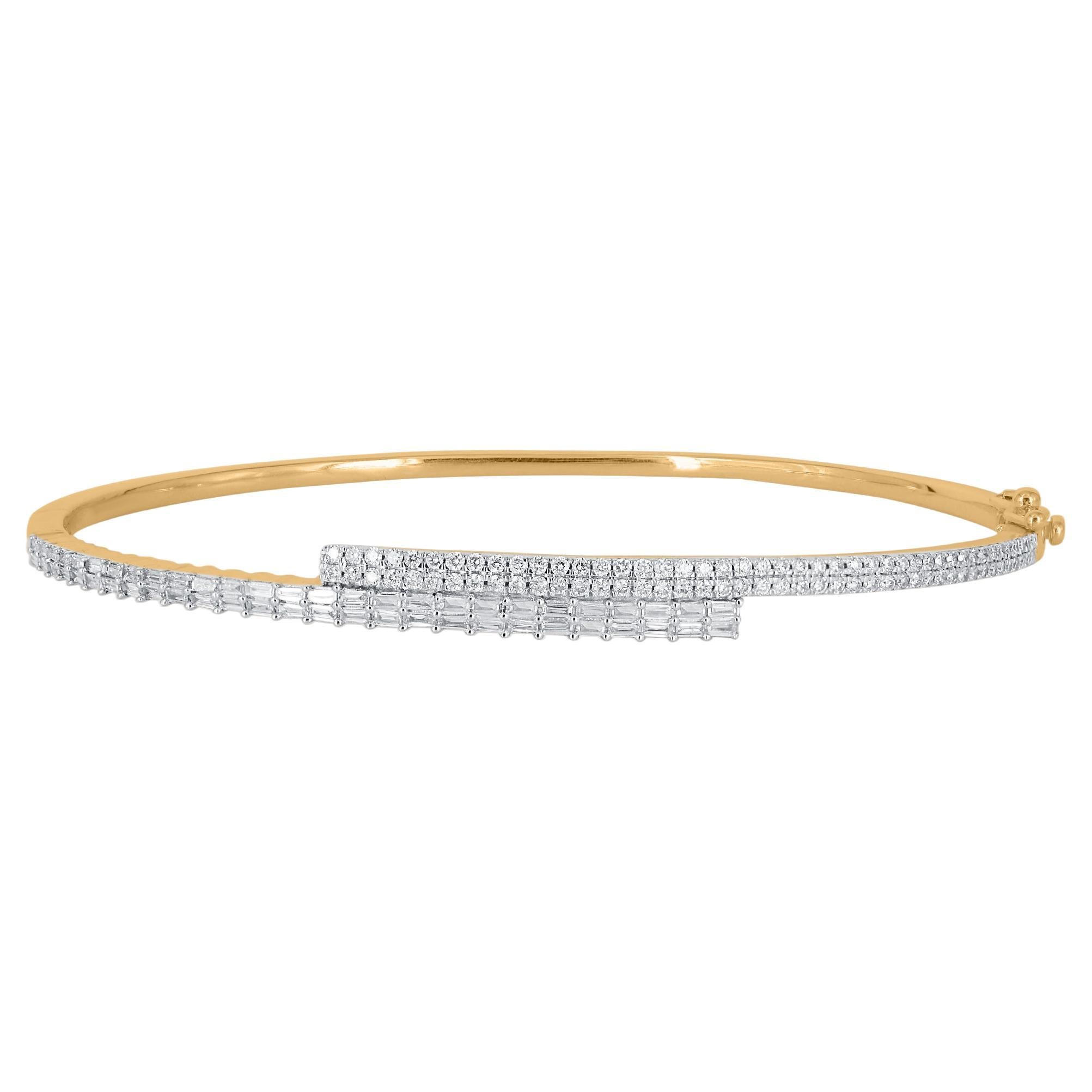 TJD 1 Carat Natural Round & Baguette Diamond Bangle Bracelet in 14KT Yellow Gold For Sale