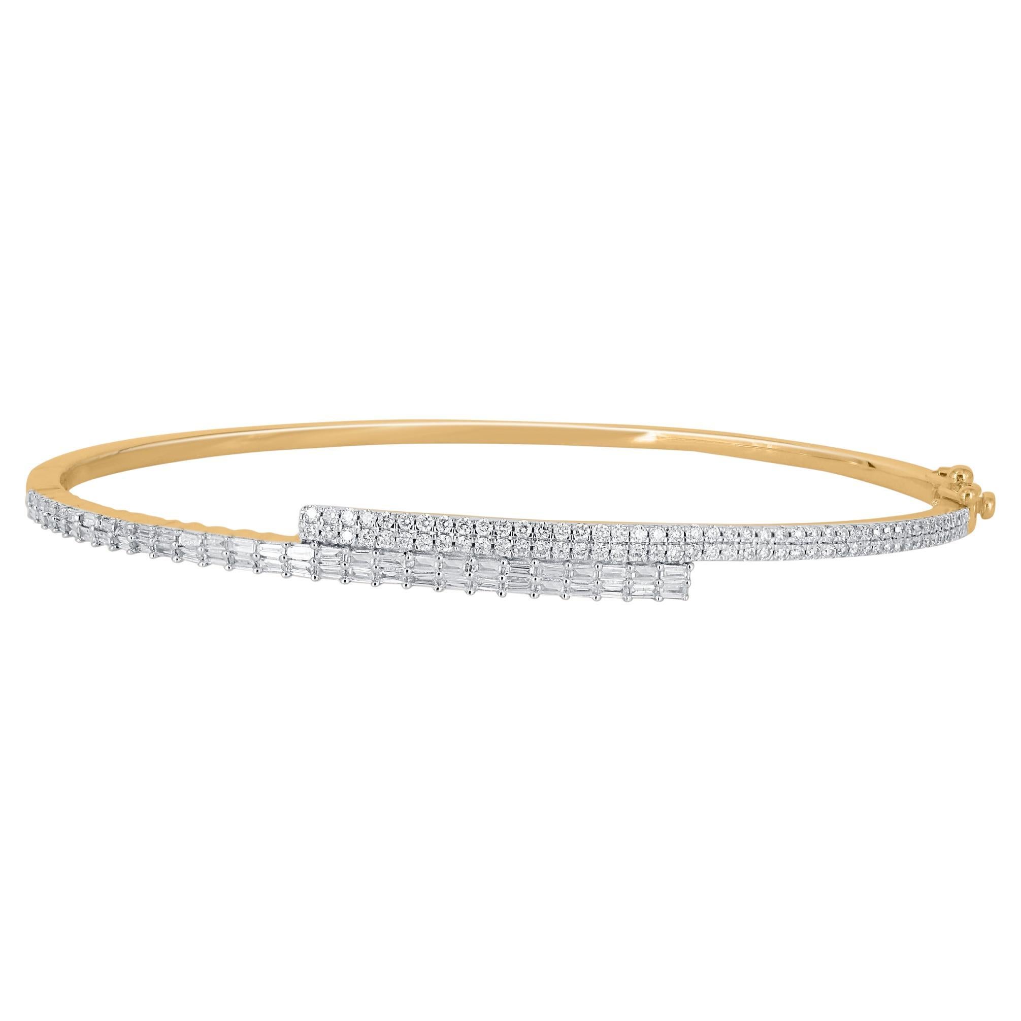 TJD 1 Carat Natural Round & Baguette Diamond Bangle Bracelet in 18KT Yellow Gold For Sale