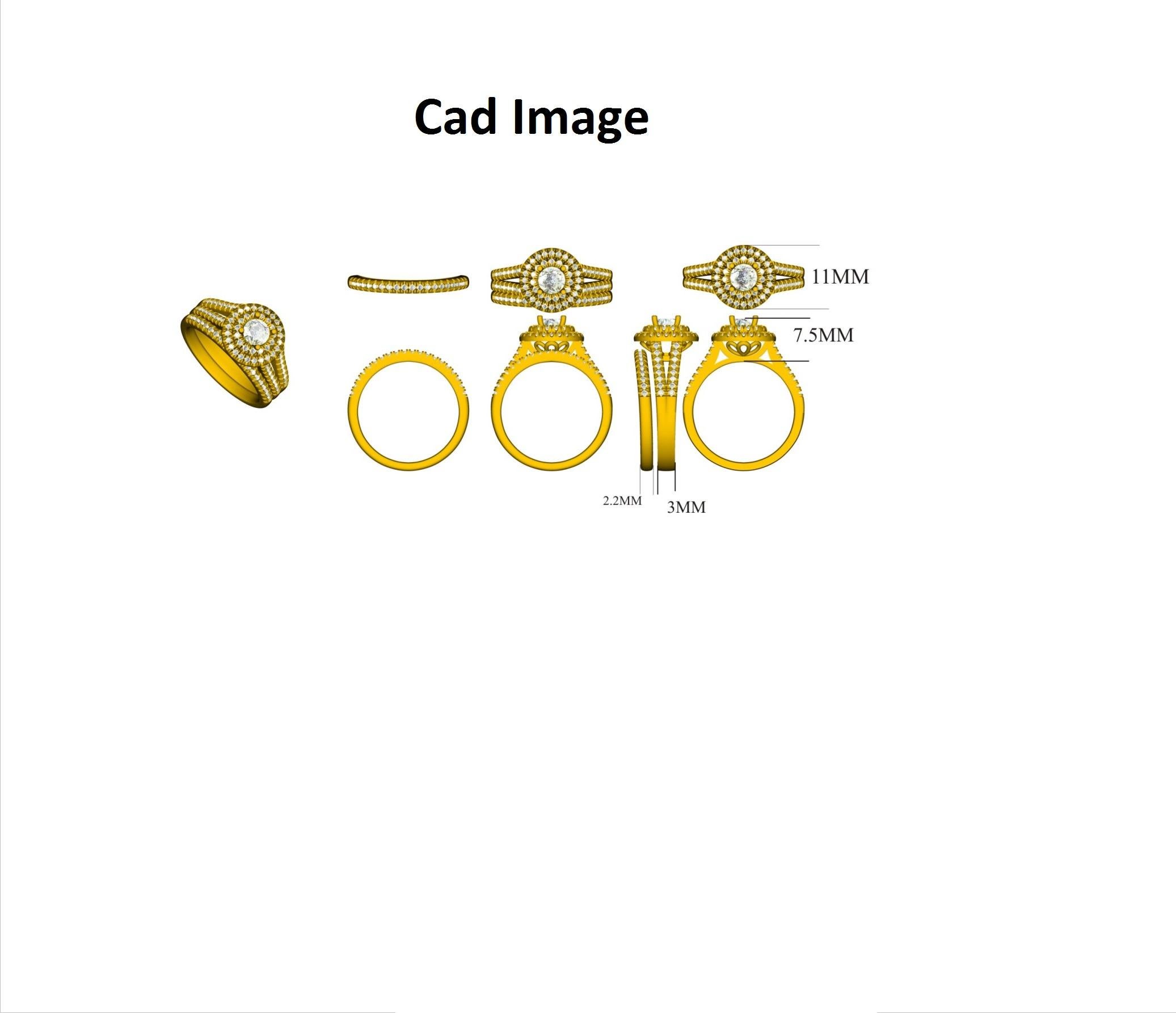 Questo anello di fidanzamento con diamante rotondo in oro bianco massiccio da 18 carati presenta una pietra centrale da 0,39 carati e una cornice di diamanti doppi da 0,61 carati e diamanti allineati sul gambo e sulla fascia nuziale con