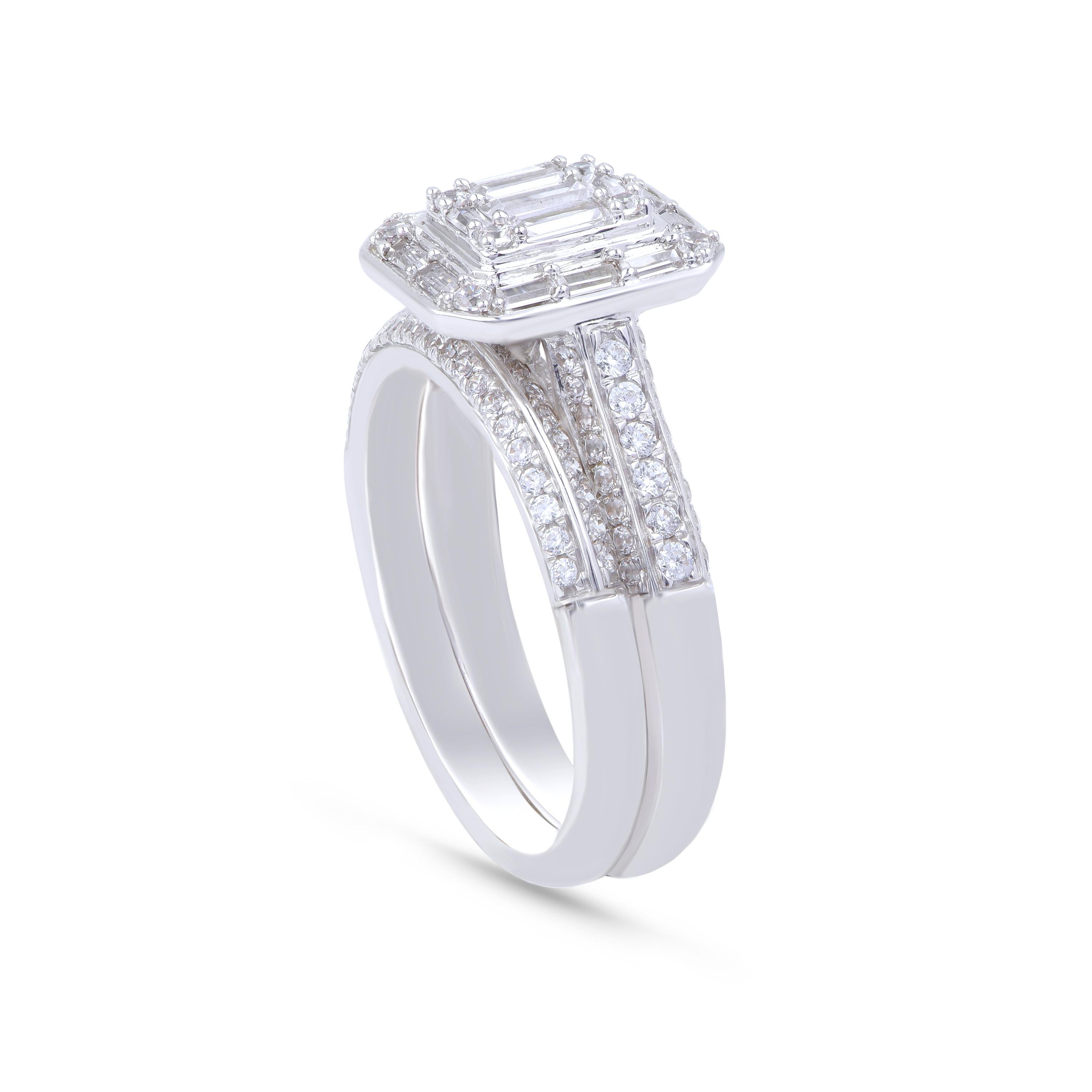 Modern TJD 1 Carat Round and Baguette Composite Diamond 18KT White Gold Engagement Ring For Sale