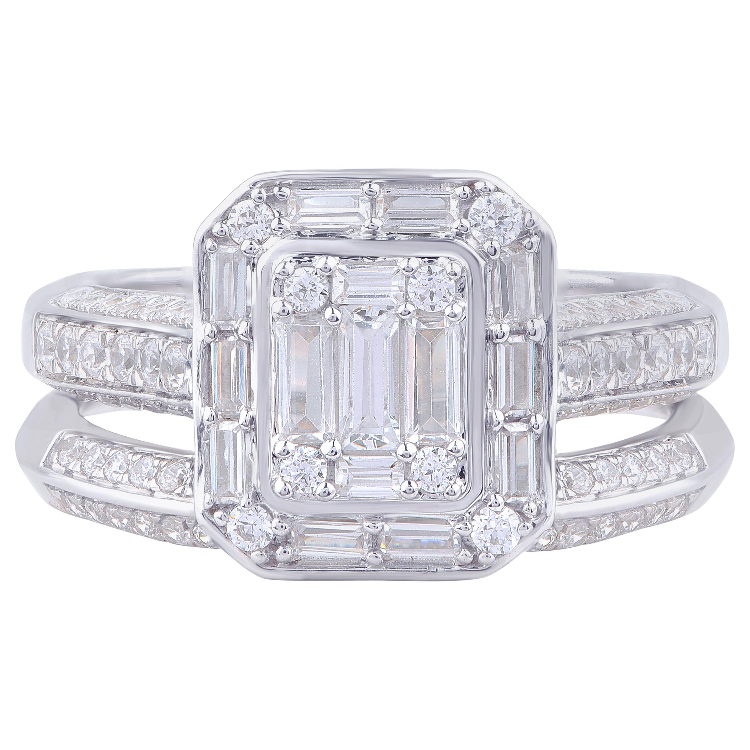 TJD 1 Carat Round and Baguette Composite Diamond 18KT White Gold Engagement Ring For Sale