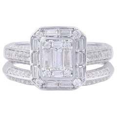 TJD 1 Carat Round and Baguette Composite Diamond 18KT White Gold Engagement Ring