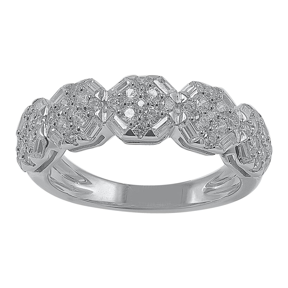 TJD 1 Carat Round and Baguette Diamond 14 Karat White Gold Engagement Band Ring