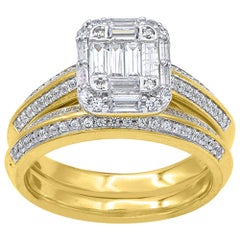 TJD Set da sposa impilabile in oro giallo 14 carati con diamante rotondo e baguette da 1 carato