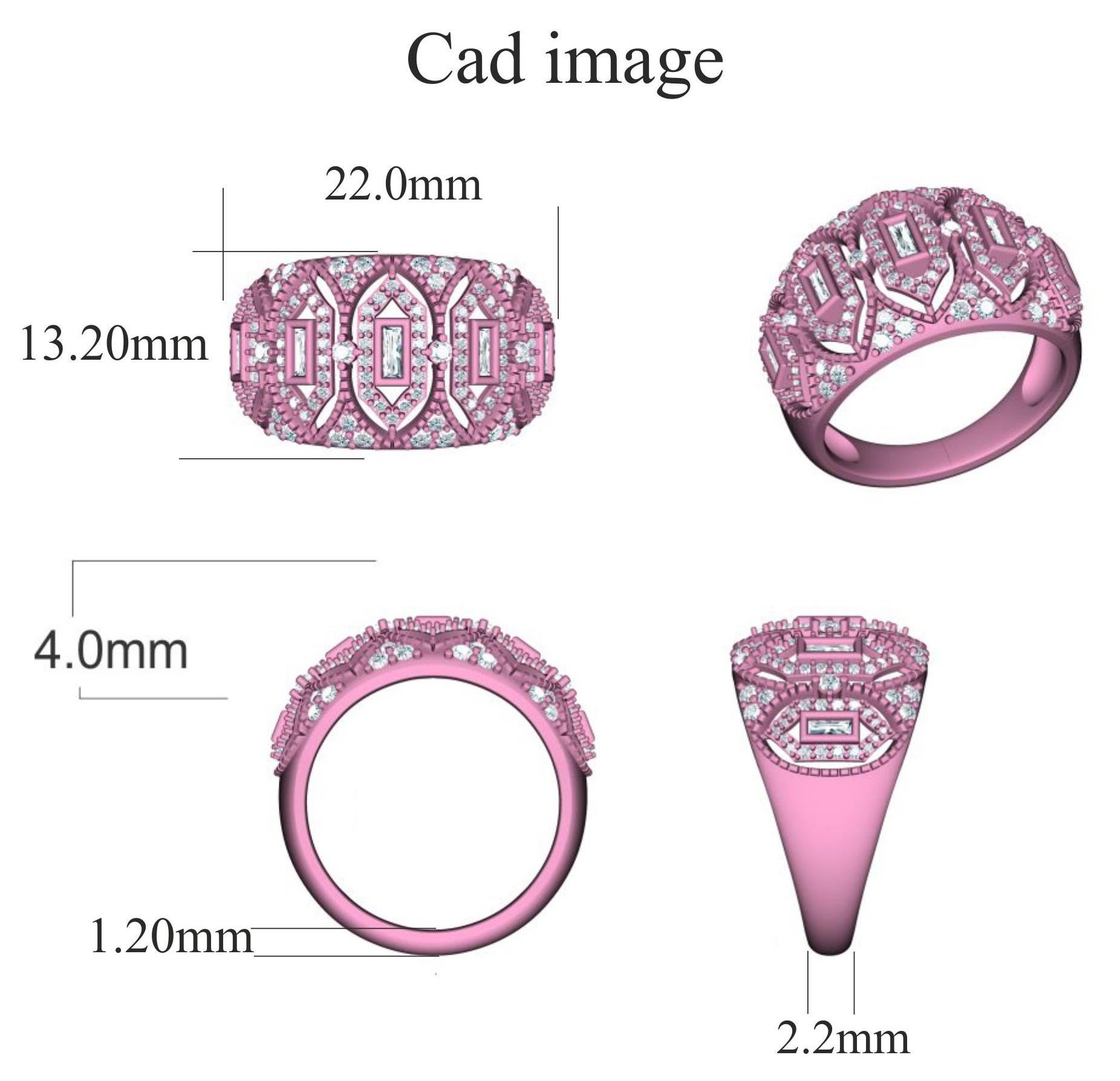 Embrace yourself with this breath-taking diamond studded ring that is ready to make you shine. The ring is crafted from 14-karat rose gold and features Round Brilliant 118 and Baguette - 5 white diamonds, Prong & Channel set, H-I color I2 clarity