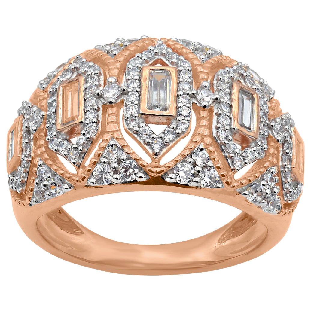 TJD 1 Carat Round and Baguette Diamond 14K Rose Gold Art Deco Style Wedding Band